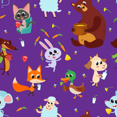 Obraz premium Cute adorable animals character eating different food.