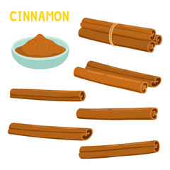 Cinnamon sticks and ground cinnamon isolated on white background.