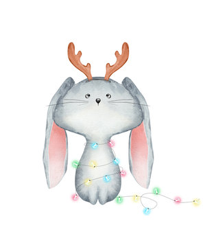 Watercolor Christmas rabbit in garland