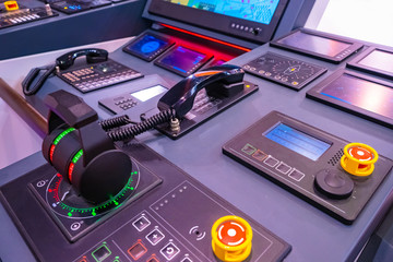 Ship throttles on the remote control ship. Modern ship control panel. The captains bridge.