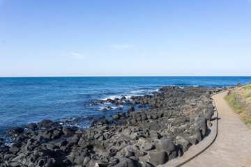 blue sea view from outdoor cafe in Jeju island, South Korea
