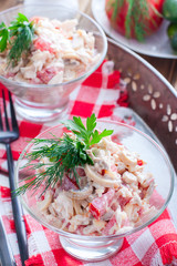 Salad with tomatoes, mushrooms and chicken, selective focus
