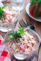 Salad with tomatoes, mushrooms and chicken, selective focus
