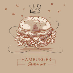 Hand drawn Sketch art of a hamburger on a neutral light brown background with crown above. Retro style hatch. Vector illustration.