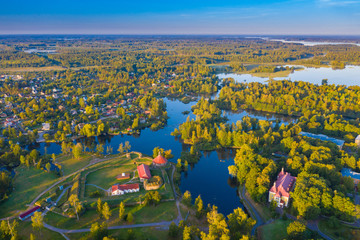 Picturesque panorama of Karelia. Fortress Korela with height. Ancient fortress in Priozersk....