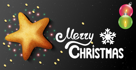 Horizontal postcard with star shaped christmas cookie and text merry christmas