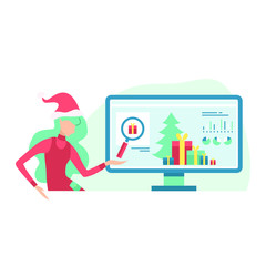 Elf girl orders gifts for the new year 2020 in the online store. Vector flat illustration isolated on white background.