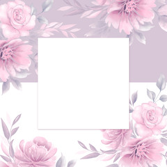 frame with a bouquet of roses flowers, on a pink and white background