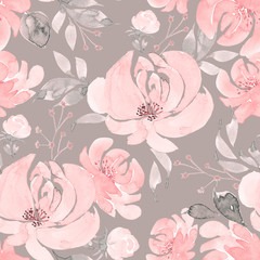 graues, nahtloses Muster mit rosafarbenen Rosenblüten mit einer Knospe und Blättern