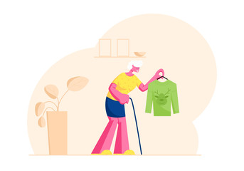 Senior Woman with Walking Cane Holding Hanger with Knitted Jumper with Reindeer Head Print. Grandmother Prepare Gift for Grandson for Christmas Holidays Celebration Cartoon Flat Vector Illustration