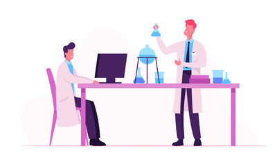 Scientists Wearing White Lab Coats Conducting Experiments and Scientific Research in Laboratory. Chemistry Science Staff Technician Hold Test Tube, Professor Working on Pc. Flat Vector Illustration