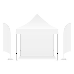 Square promotional canopy tent with two advertising flags, isolated on white background. Vector illustration © Evgeniy Zimin