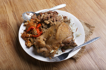 traditional indonesia food nasi gudeg with chicken Jack fruit and krecek.