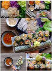 Food processing vegetarian rice paper rolls, fresh Vietnamese spring roll
