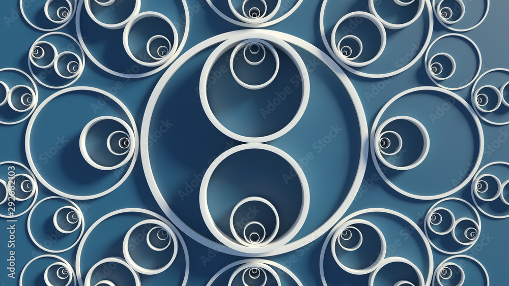 Poster 3d render background with circles that form ornament pattern. simple shapes with bright lighting and
