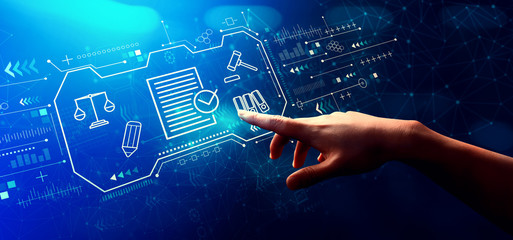 Compliance theme with hand pressing a button on a technology screen