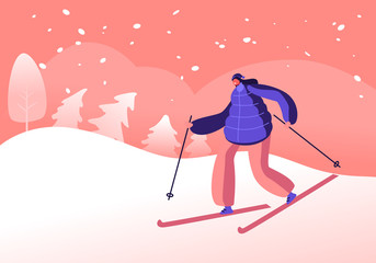 Winter Sports Activity and Sparetime. Young Woman Skiing in Mountains Resort or Public Park Area. Girl Riding Downhills by Skis Having Wintertime Fun and Leisure Time. Cartoon Flat Vector Illustration
