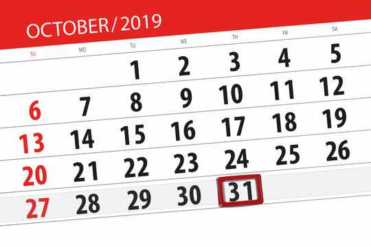 Calendar planner for the month october 2019, deadline day, 31, thursday