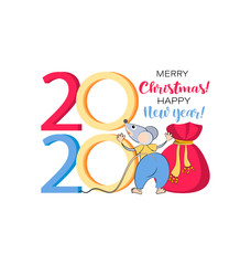 2020. Merry Christmas. Happy New Year. Funny rat with a bag of gifts. Cute mouse character for postcard, poster or calendar. The mouse is the Chinese symbol of the new year.