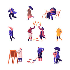 Autumn Season Set. People Walking in City Park Play with Fallen Leaves, Painter Drawing Picture, Young Couple Hugging on Bench, Man Raking Ground, Girl with Umbrella. Cartoon Flat Vector Illustration