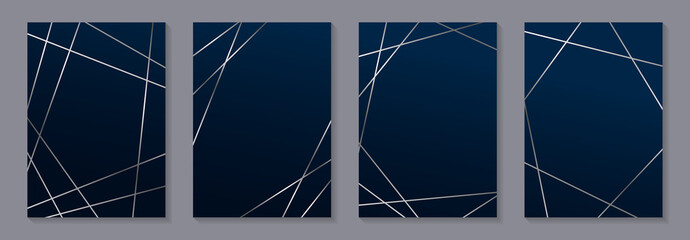 Set of modern geometric luxury wedding invitation design or card templates for business or presentation or greeting with silver lines on a navy blue background.