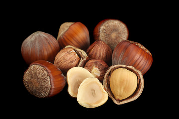 Hazelnut nut closeup on black