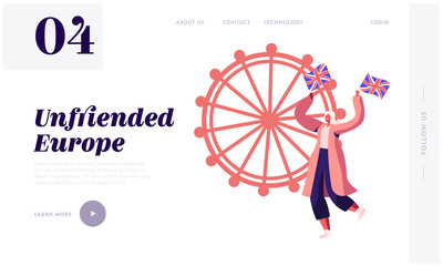 United Kingdom Politic Website Landing Page. Protester Against Brexit Holding British Flags in London as Brexit Crisis Deepens. Patriotic Motion Web Page Banner. Cartoon Flat Vector Illustration