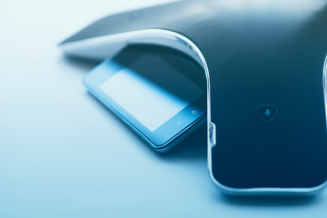 Video meeting  concept. Modern video conferencing solution with high resolution screen and sensor buttons on the white background. Closeup