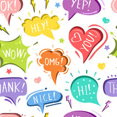Vector seamless pattern, print, wallpaper with colorful speech,chat,talk clouds or bubble. Trendy, fashion, colorful design