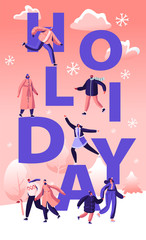 Winter Holidays Festive Season Concept. Happy People Skating on Ice Rink Engaged Winter Activities and Sports. Family Spare Time Poster, Banner, Flyer, Brochure. Cartoon Flat Vector Illustration