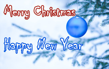 Naklejka na ściany i meble Christmas greeting card with a blue ball on the tree and the inscription