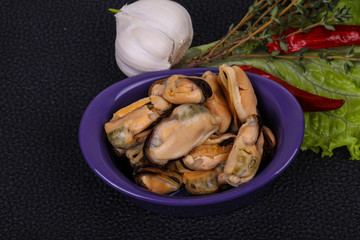 Pickled mussels in the bowl served pepper, garlic and salad