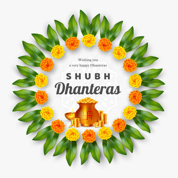 Shubh Dhanteras holiday composition for Diwali festival celebration. Indian pots with coins and diya, floral wreath. Vector illustration.