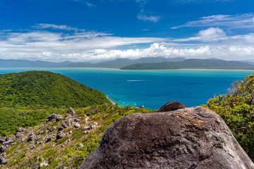 Fototapeta na wymiar View of the bay, beach and jetty from the climb to the summit of Fitzroy Island, tropical north Queensland, Australia