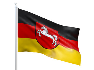 Lower Saxony flag waving on white background, close up, isolated. 3D render
