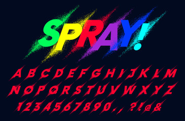 Vector set of latin alphabet, spray paint particles dots and ink splashes, detailed splat spot font