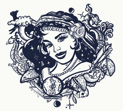 Gypsy fortune teller with crystal ball. Witch woman portrait. Dark fairy tale art. Tattoo style