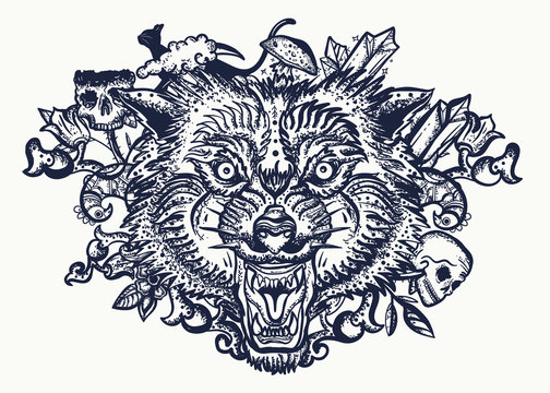 Wolf head. Tattoo and t-shirt design. Halloween elements. Dark fairy tale art. Gothic animals