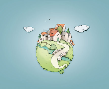 Kleine Weltkugel mit Stadt und Land