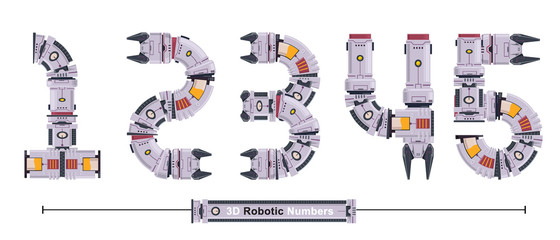 Numbers Typography Font 3D Robot style in a set 12345