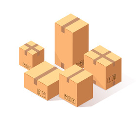 Set of 3d isometric carton, cardboard box isolated on white background. Transportation package in store, distibution concept. Vector cartoon design