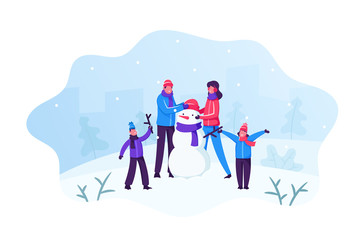 Happy Family of Parents with Kids Making Funny Snowman on Snowy Landscape Background. Winter Time Outdoor Activity. People Playing on Christmas Holidays Vacation. Cartoon Flat Vector Illustration