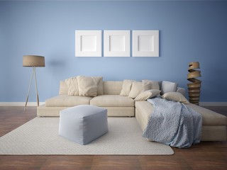 Mock up a comfortable living room with a stylish beige sofa and an original trendy background.