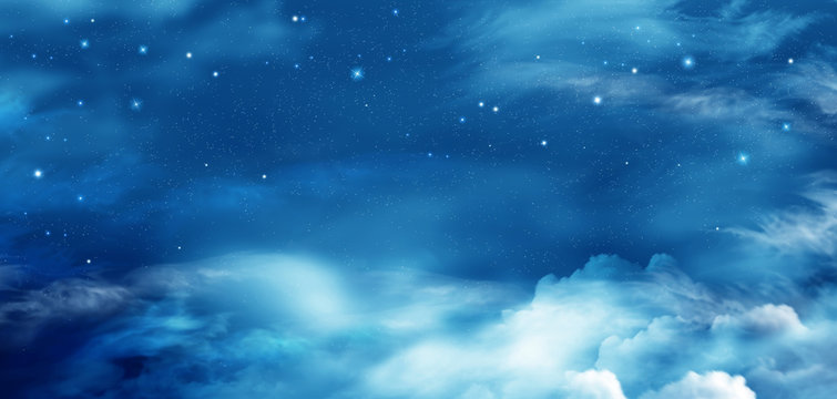 Fairy winter night sky with stars and clouds.