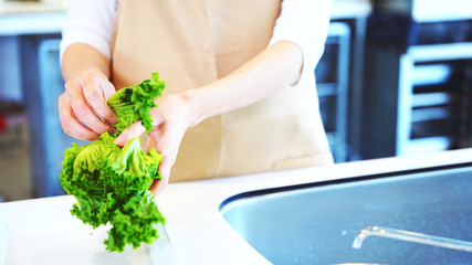 レタスをちぎる女性