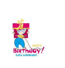 Happy Birthday. Cartoon rat with a gift. Cute mouse character for postcard, poster or calendar, horoscope with place for text. The mouse is the Chinese symbol of 2020.