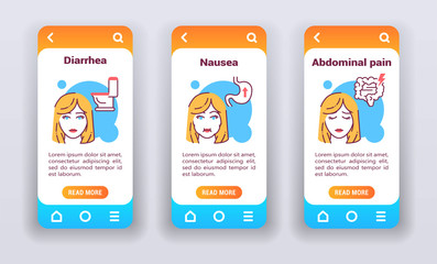 Gastrointestinal diseases on mobile app onboarding screens.