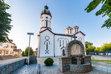Fototapeta na wymiar Loznica, Serbia - July 11, 2019: Church of Shroud of Holy Mother (Serbian: Crkva Pokrova Presvete Bogorodice) in Loznica.