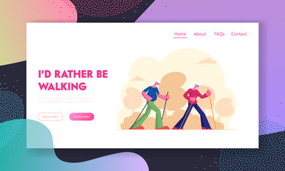 Elderly People Nordic Walking Website Landing Page. Aged Couple Engage Outdoors Sport Open Air Workout with Sticks. Seniors Hiking Healthy Lifestyle Web Page Banner. Cartoon Flat Vector Illustration