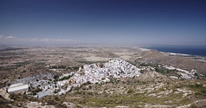 Hilltop view of the town of Mojacar in Andalusia, Spain by summer.